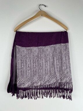 100% Cashmere Purple Paisley Scarf Shawl | Reversible Jacquard Pashmina Wrap